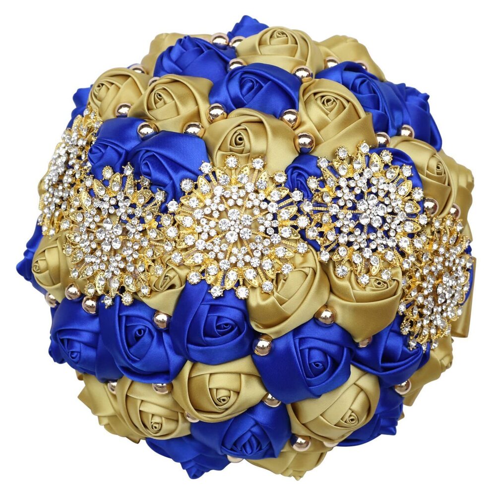 3091 Bridal Wedding Bouquet with Bling Gold Rhinestone Pearl Satin Rose